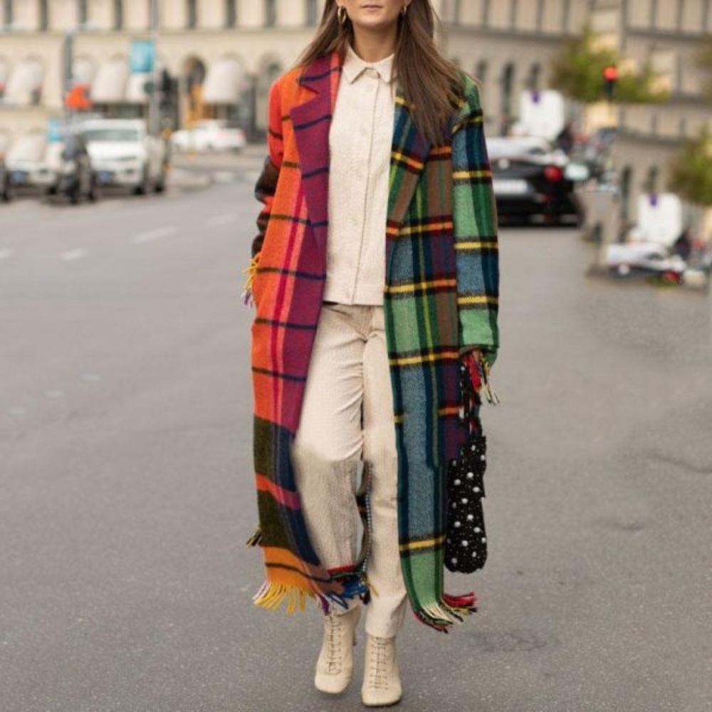 Colorful Two-Tone Long Plaid Tartan Coat